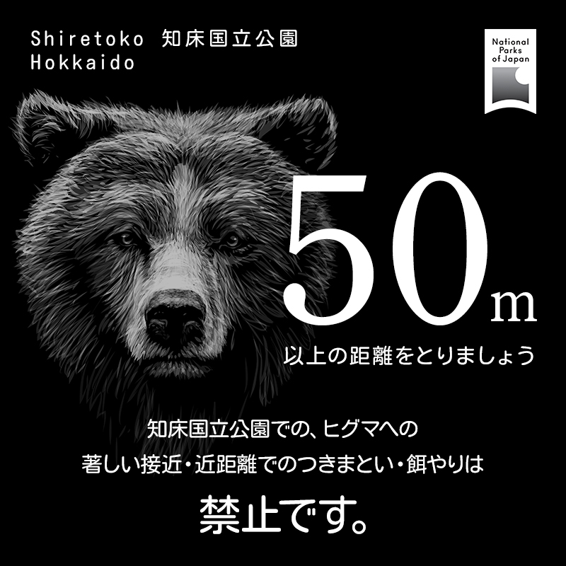 Shiretoko 知床国立公園 Hokkaido 50m以上の距離をとりましょう 知床国立公園での、ヒグマへの著しい接近・近距離でのつきまとい・餌やりは禁止です。